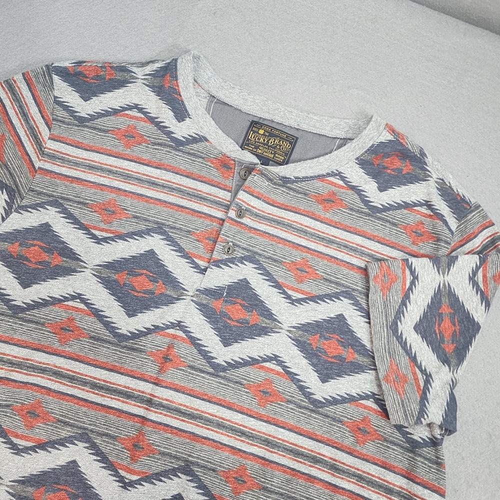 Lucky Brand Henley Shirt Grey Rust‎ Southwestern Geometric Mens Large